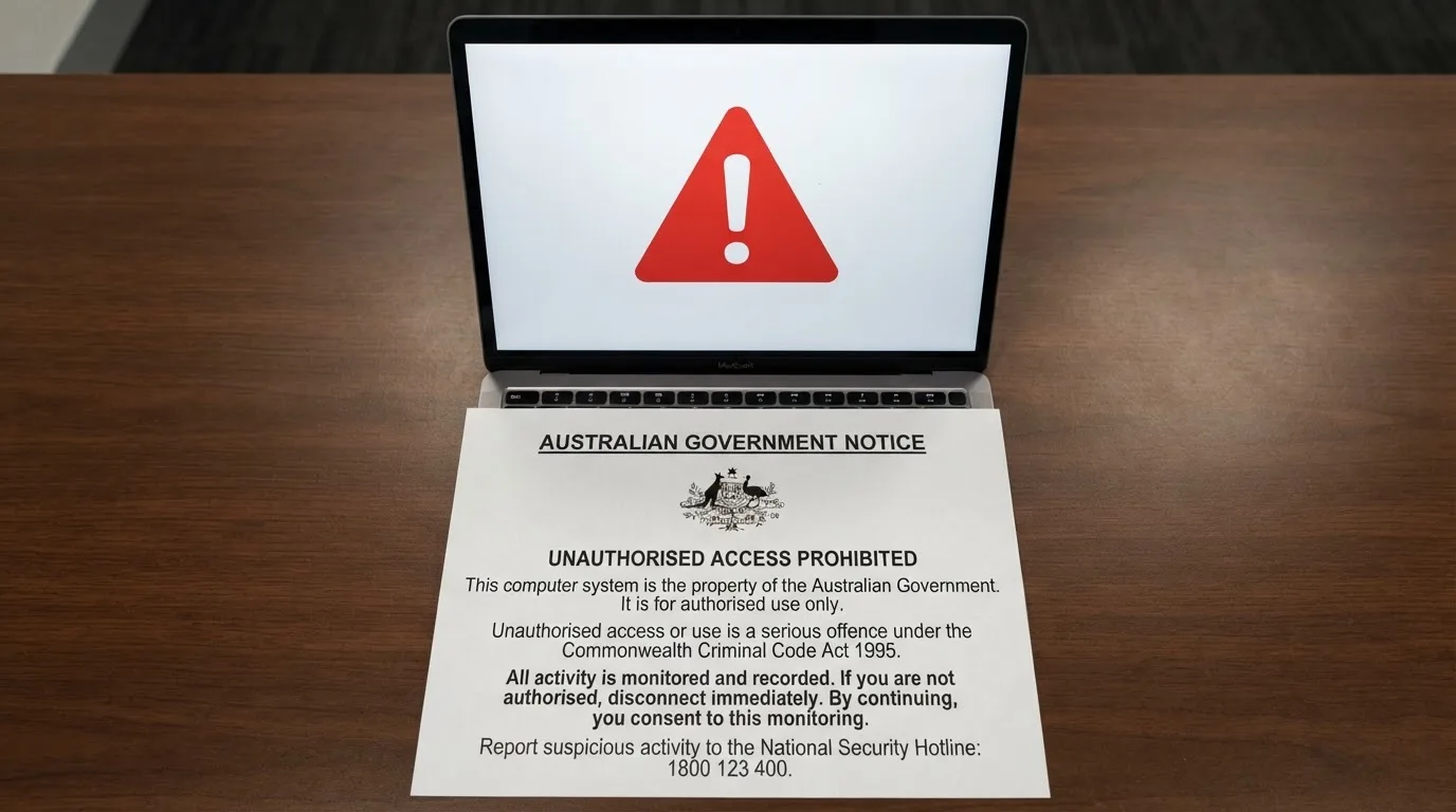 A printed government warning notice on a desk beside a laptop with a red alert icon on the screen.
