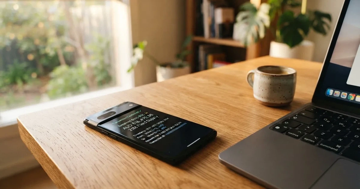 A phone displaying a blockchain transaction confirmation screen next to a laptop keyboard.