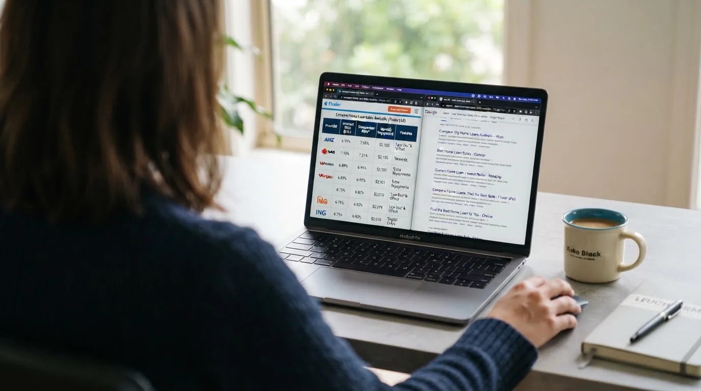 A laptop screen split between two browser tabs, one showing a comparison table and the other a search results page.