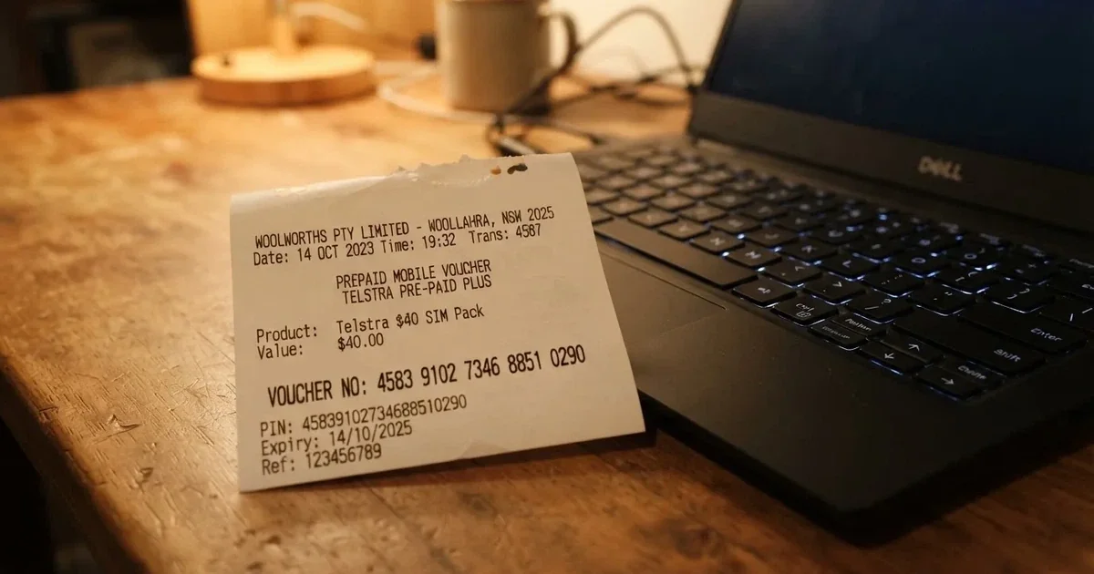 A printed prepaid voucher receipt lying beside a laptop keyboard.