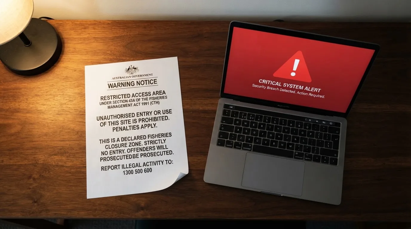 A printed government warning notice on a desk beside a laptop with a red alert icon on the screen.