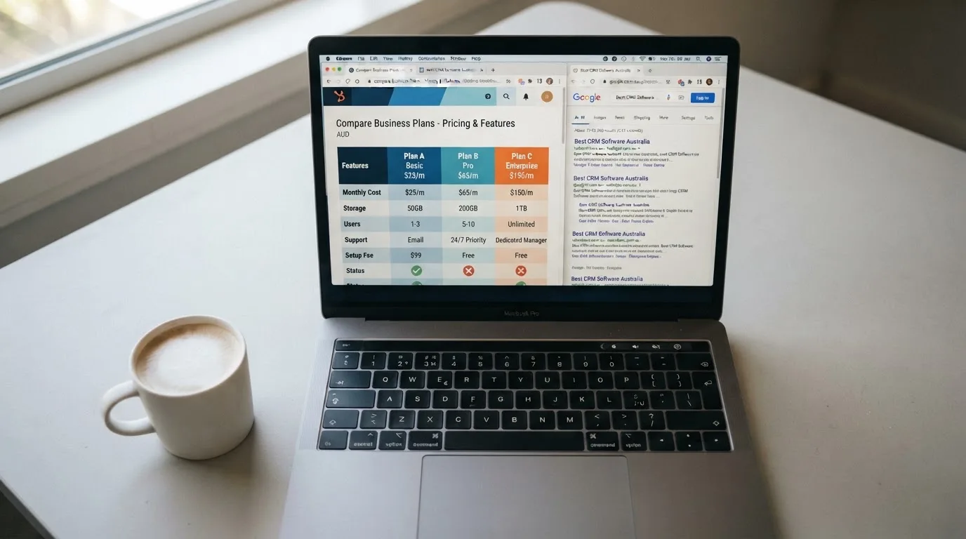 A laptop screen split between two browser tabs, one showing a comparison table and the other a search results page.