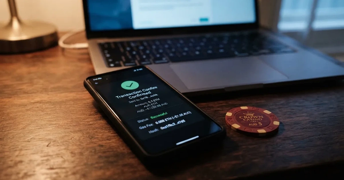A phone displaying a blockchain transaction confirmation screen next to a laptop keyboard.