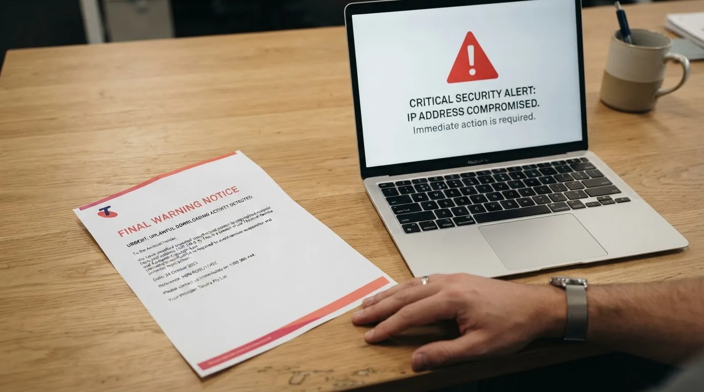 A printed government warning notice on a desk beside a laptop with a red alert icon on the screen.
