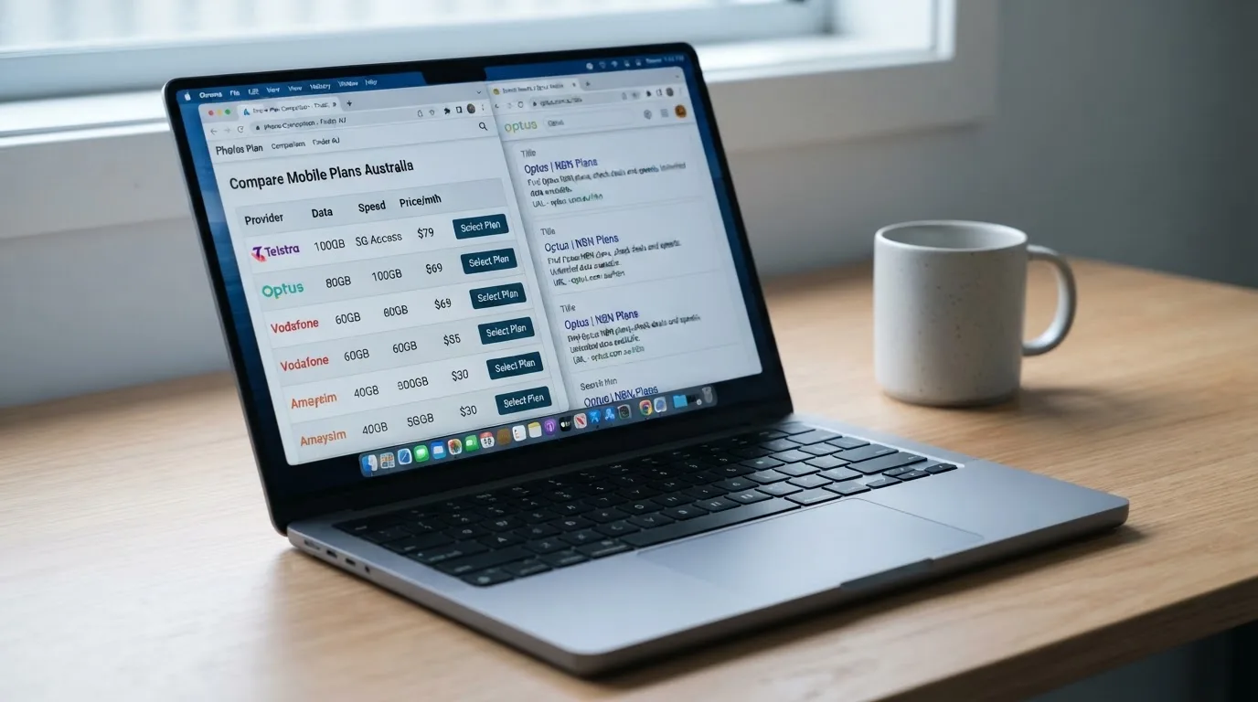 A laptop screen split between two browser tabs, one showing a comparison table and the other a search results page.