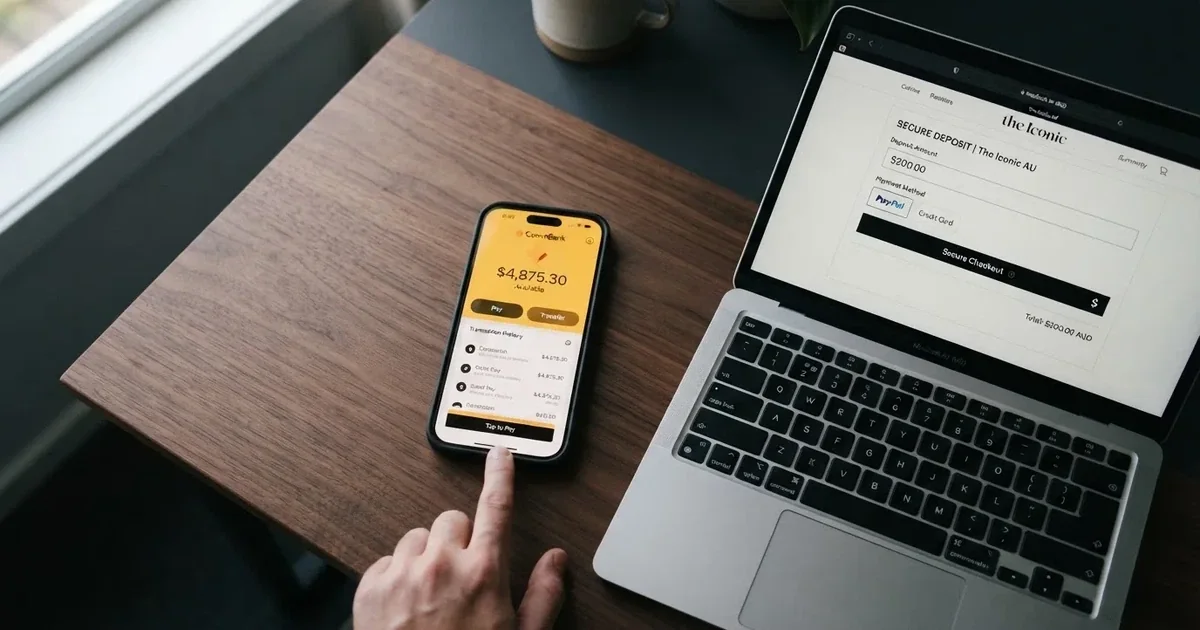 A smartphone screen showing a digital wallet balance next to a laptop cashier page.