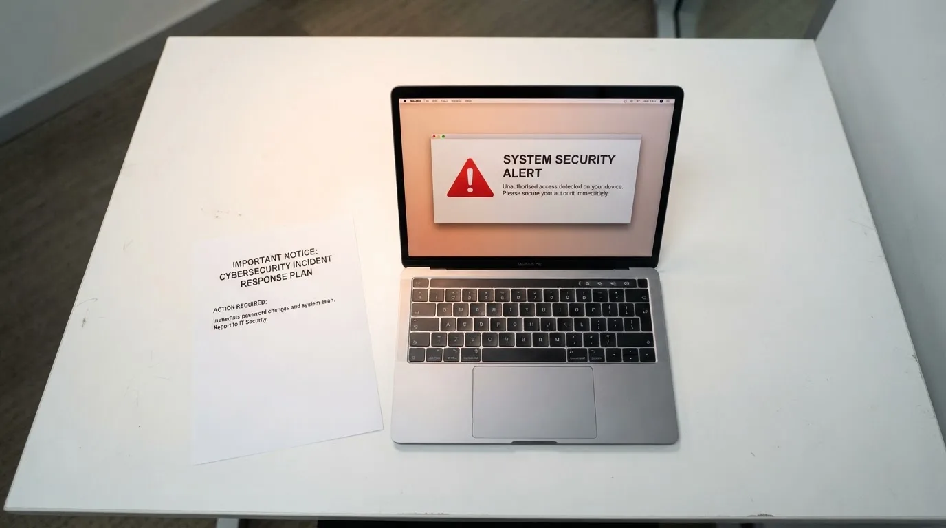 A printed government warning notice on a desk beside a laptop with a red alert icon on the screen.