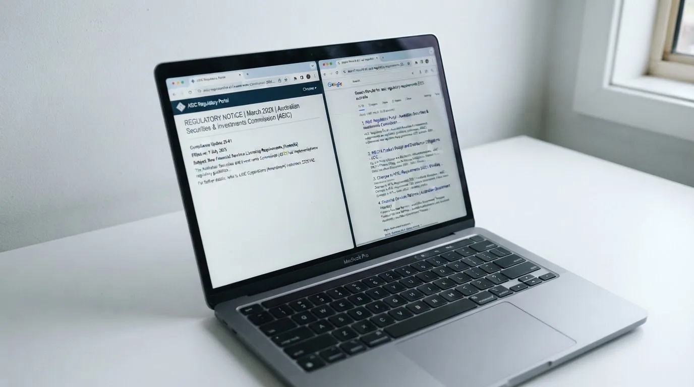 A laptop screen split between two browser tabs, one showing a comparison table and the other a search results page.