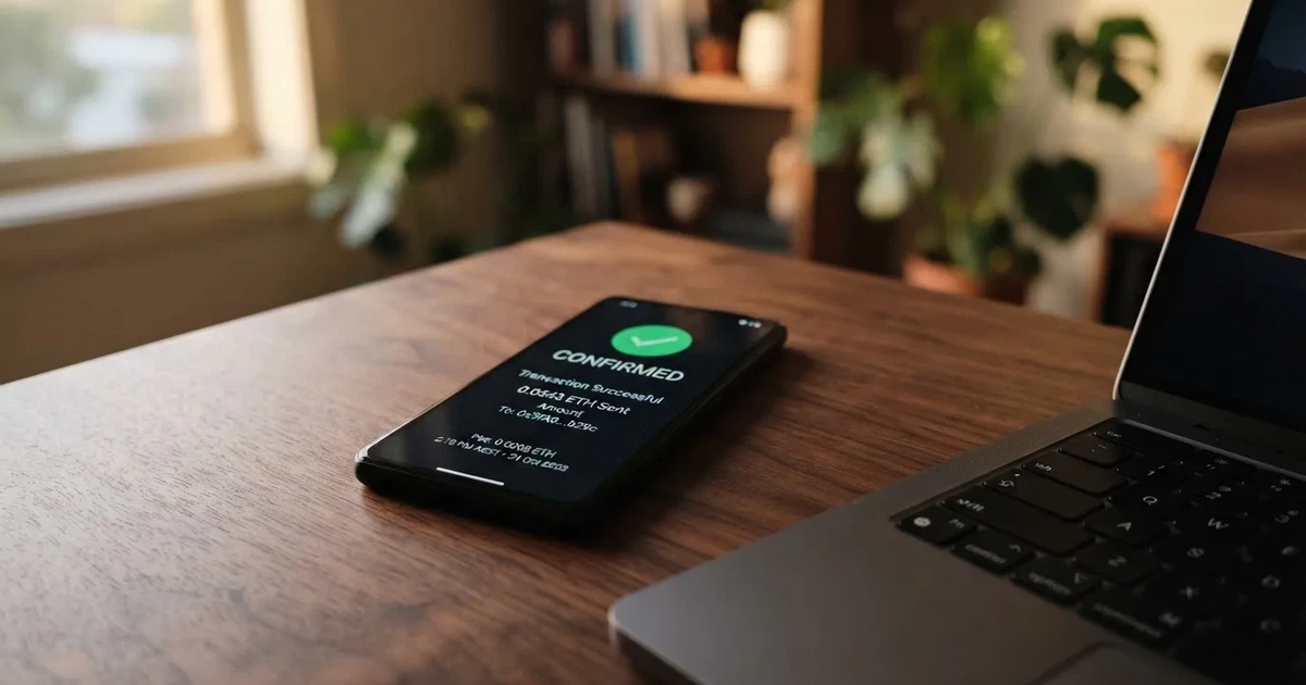 A phone displaying a blockchain transaction confirmation screen next to a laptop keyboard.