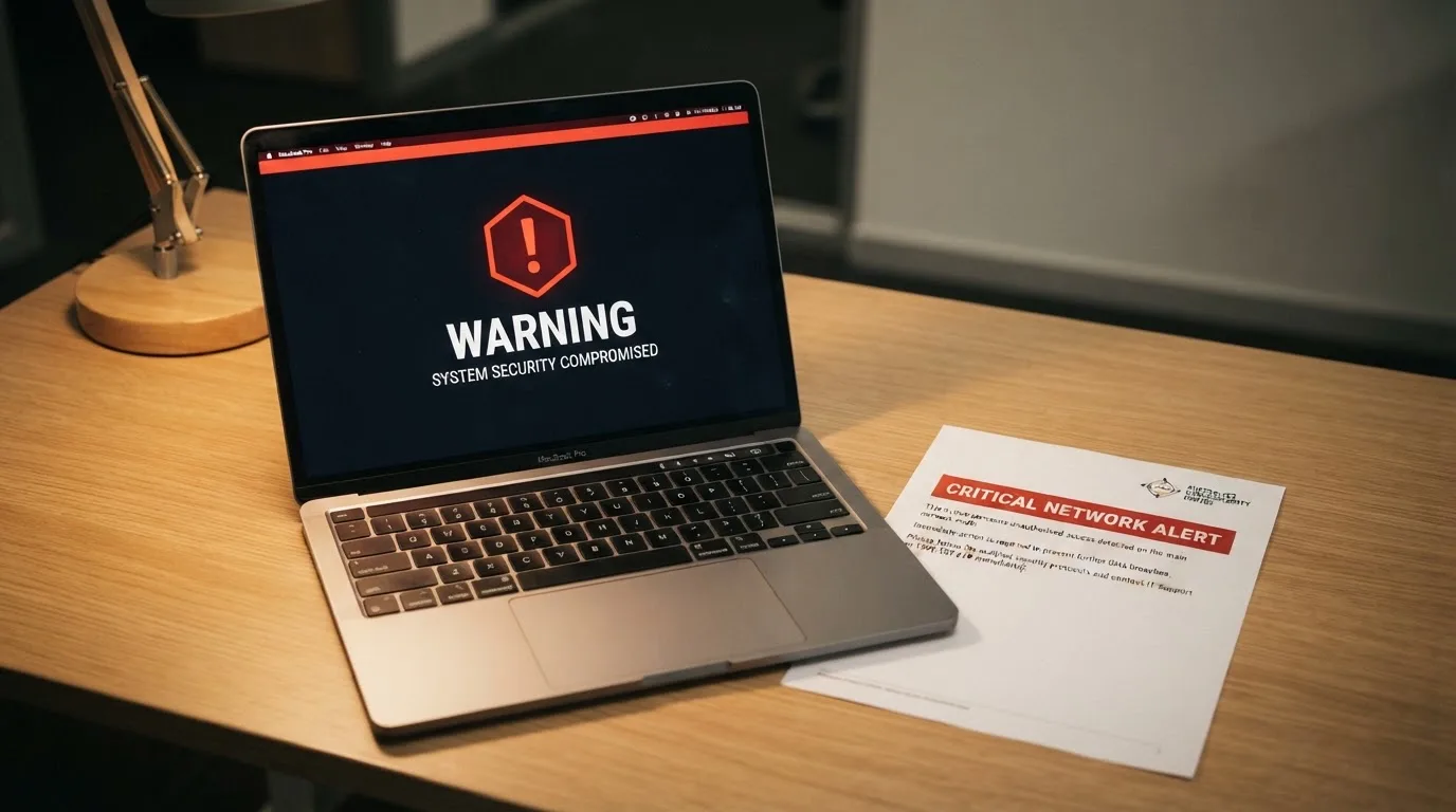 A printed government warning notice on a desk beside a laptop with a red alert icon on the screen.