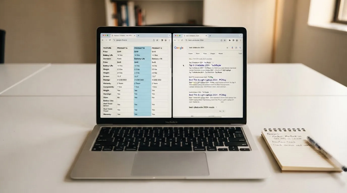 A laptop screen split between two browser tabs, one showing a comparison table and the other a search results page.