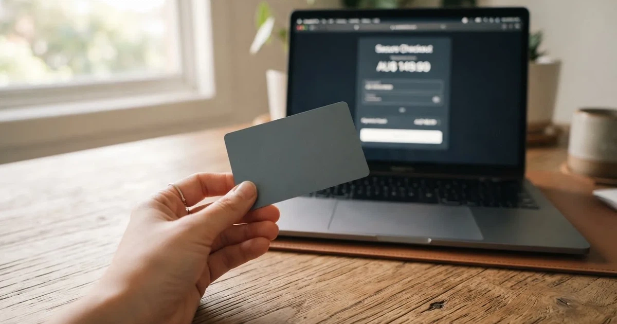 A hand holding a bank card next to a laptop showing an online payment form.