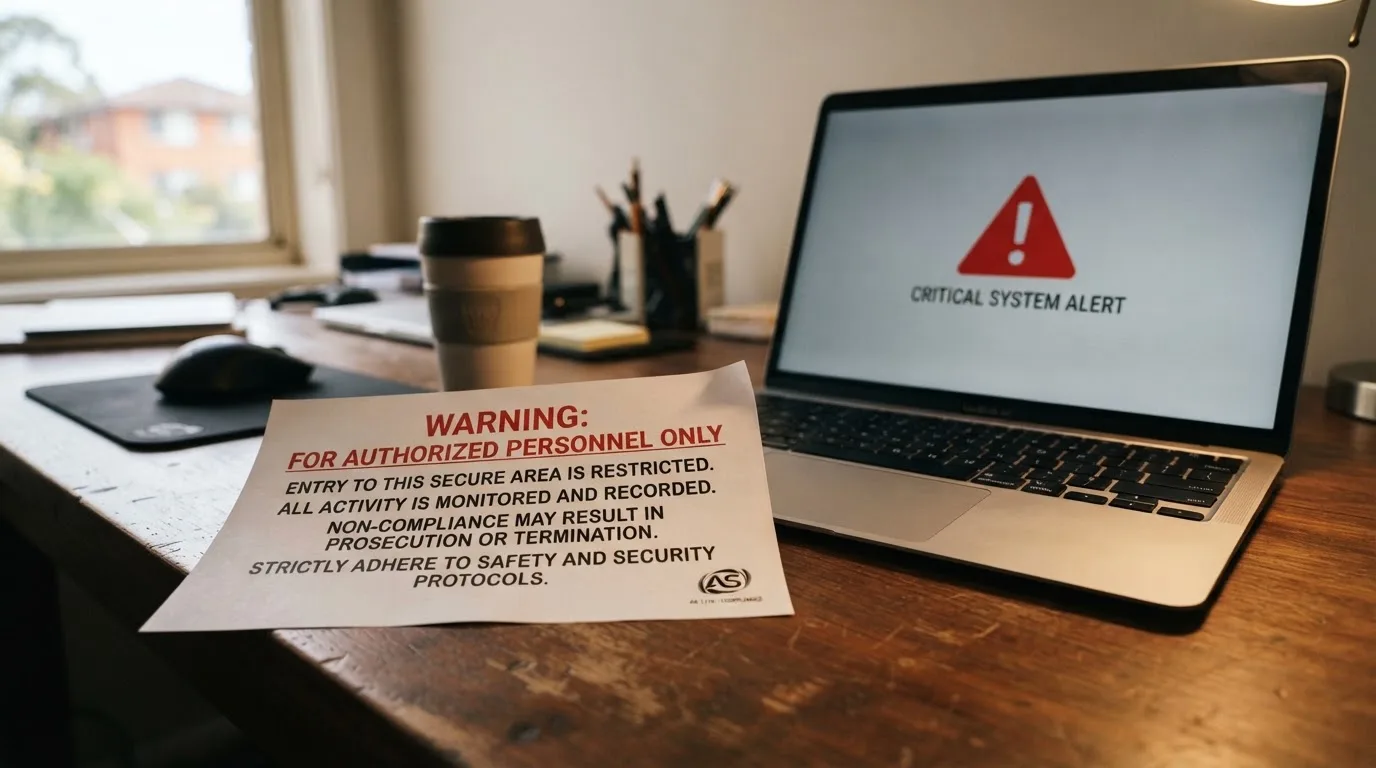 A printed government warning notice on a desk beside a laptop with a red alert icon on the screen.