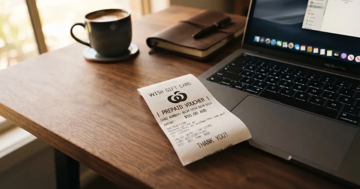 A printed prepaid voucher receipt lying beside a laptop keyboard.