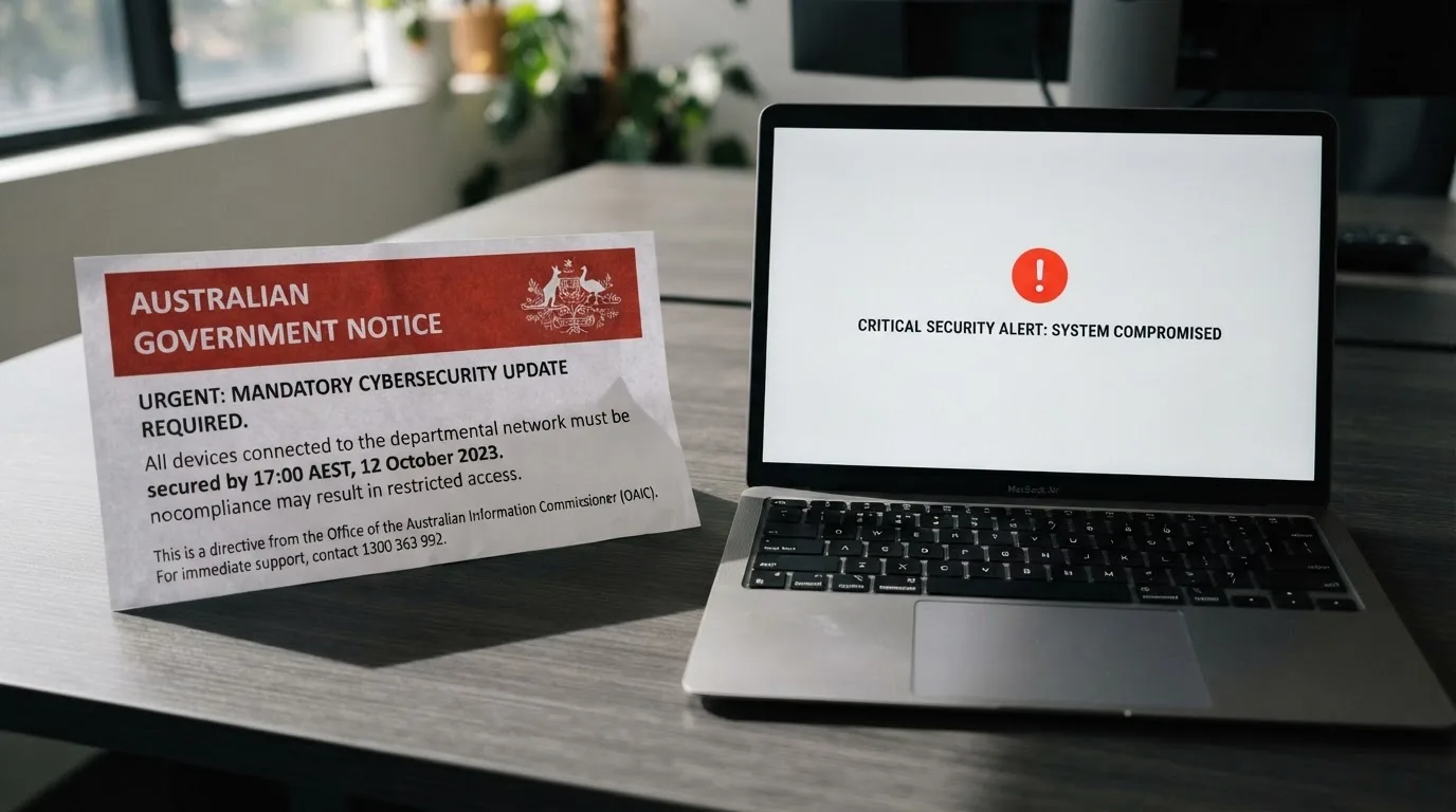 A printed government warning notice on a desk beside a laptop with a red alert icon on the screen.