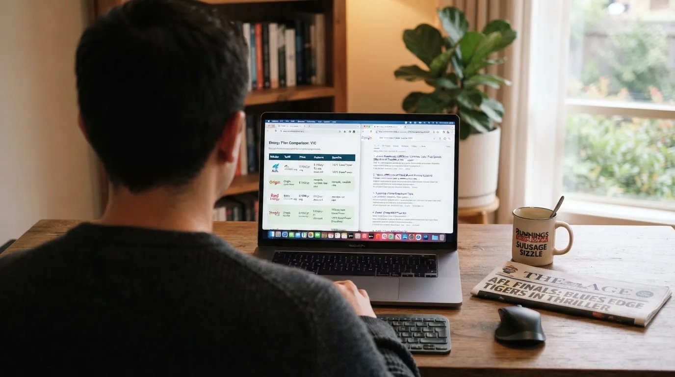 A laptop screen split between two browser tabs, one showing a comparison table and the other a search results page.