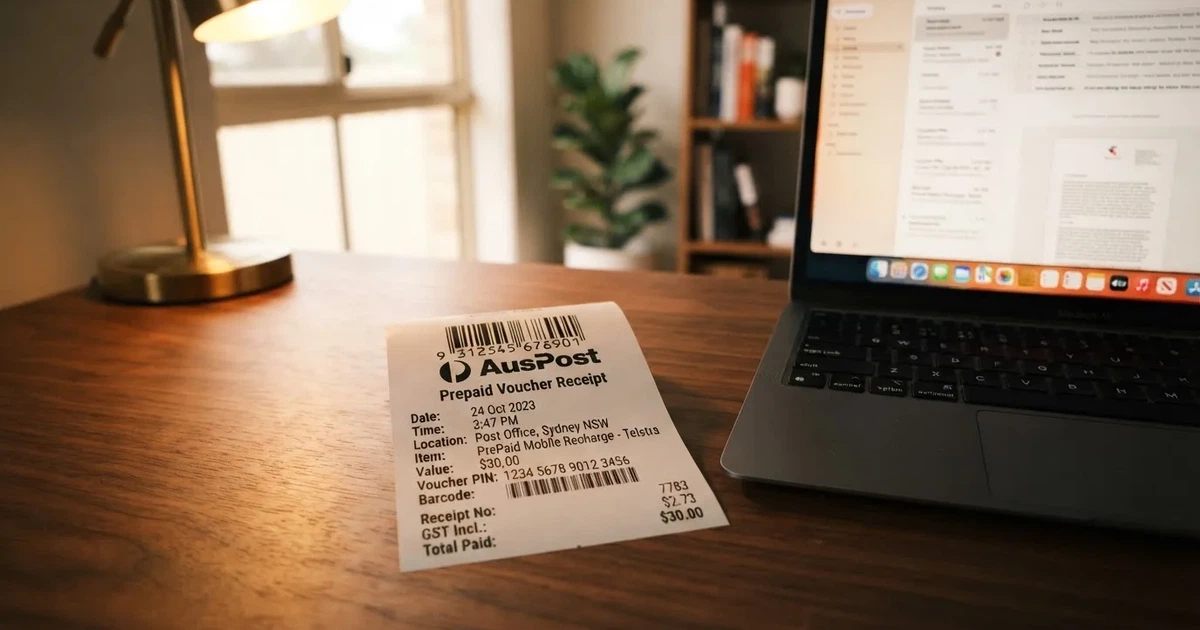 A printed prepaid voucher receipt lying beside a laptop keyboard.
