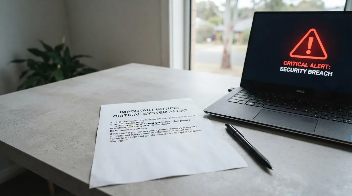 A printed government warning notice on a desk beside a laptop with a red alert icon on the screen.