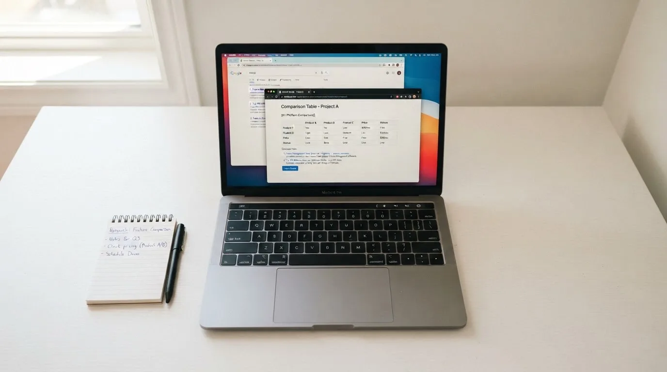 A laptop screen split between two browser tabs, one showing a comparison table and the other a search results page.