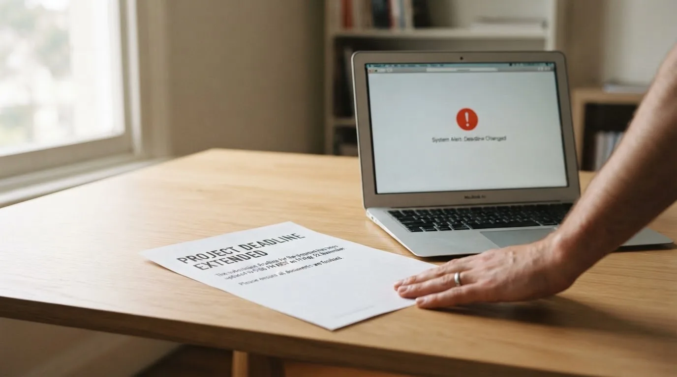 A printed government warning notice on a desk beside a laptop with a red alert icon on the screen.