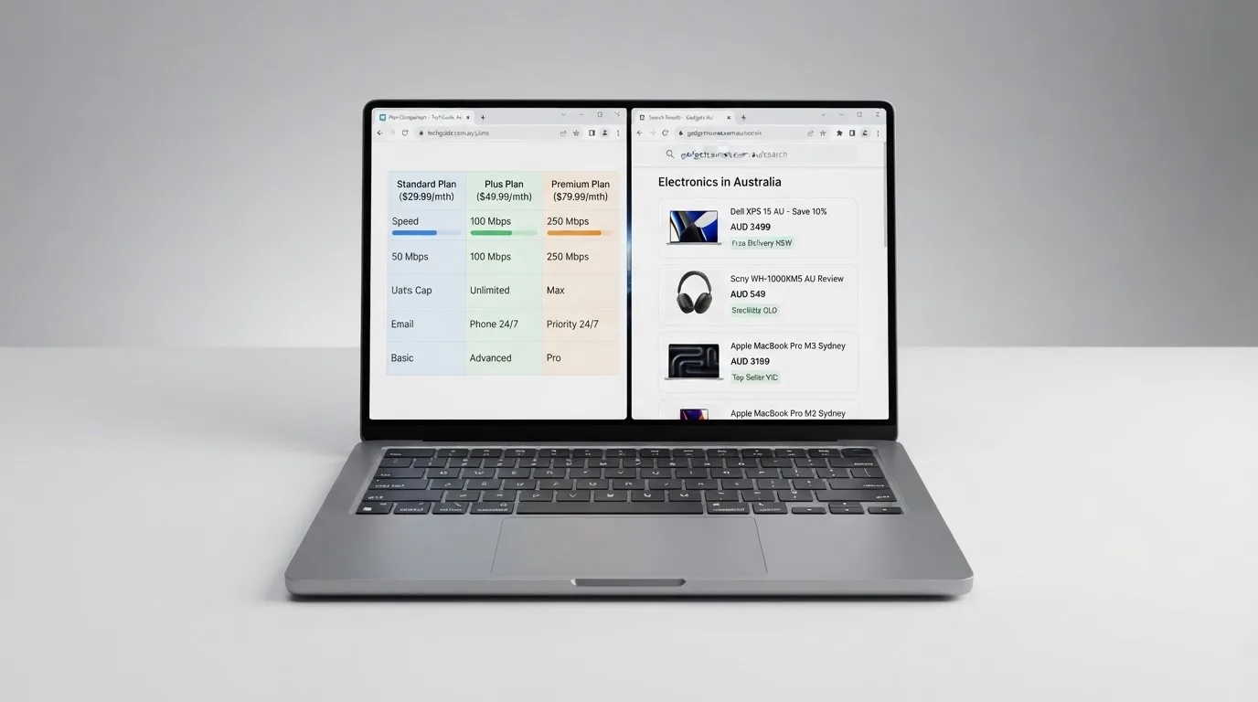 A laptop screen split between two browser tabs, one showing a comparison table and the other a search results page.