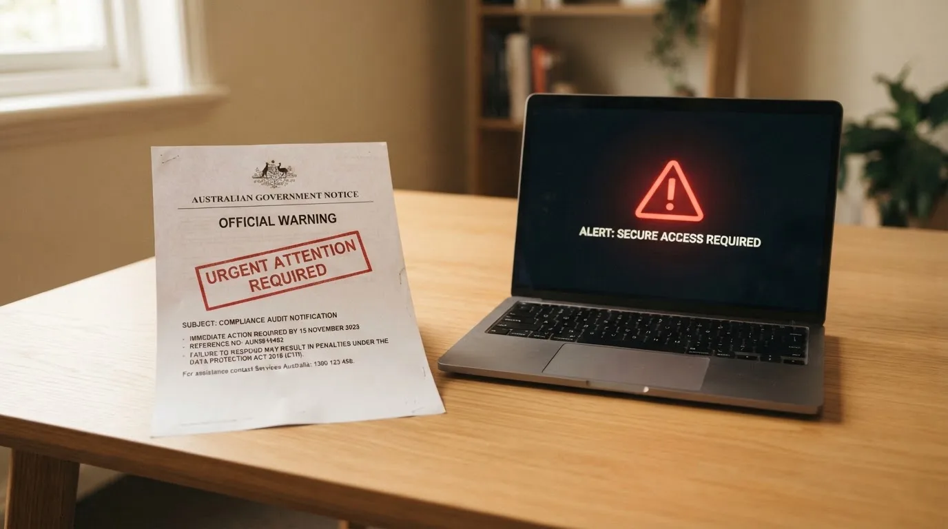 A printed government warning notice on a desk beside a laptop with a red alert icon on the screen.