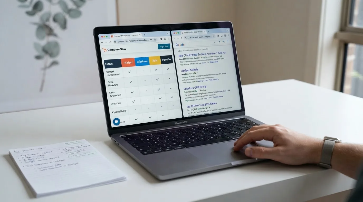 A laptop screen split between two browser tabs, one showing a comparison table and the other a search results page.