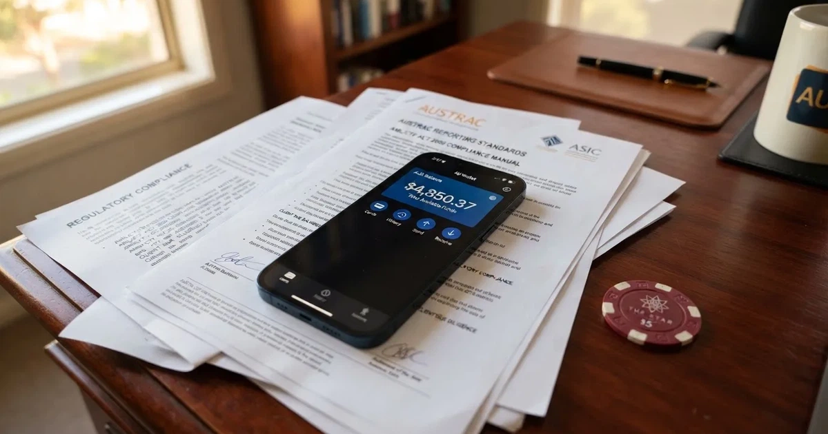 A phone showing a digital wallet balance screen resting on a stack of paperwork.