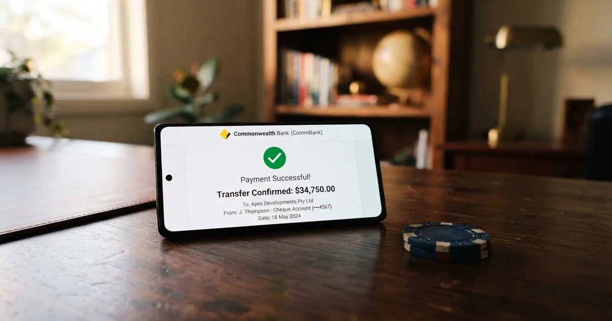 A phone displaying a bank transfer confirmation screen next to a stack of Australian dollar notes.