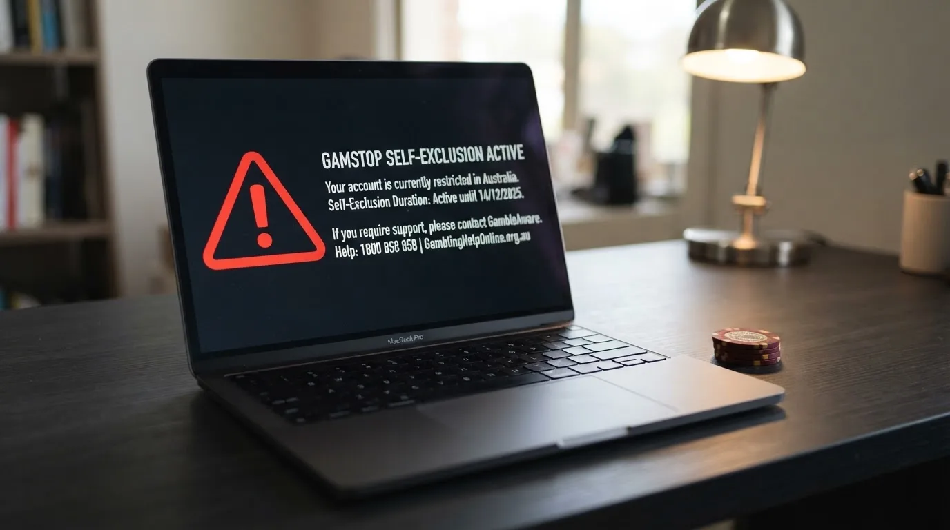 A printed government warning notice on a desk beside a laptop with a red alert icon on the screen.