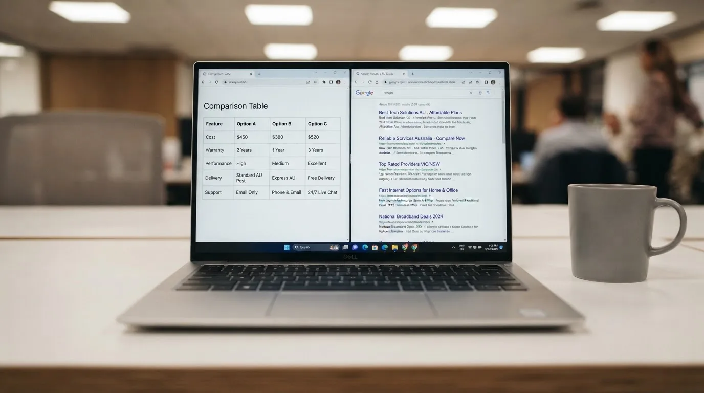 A laptop screen split between two browser tabs, one showing a comparison table and the other a search results page.