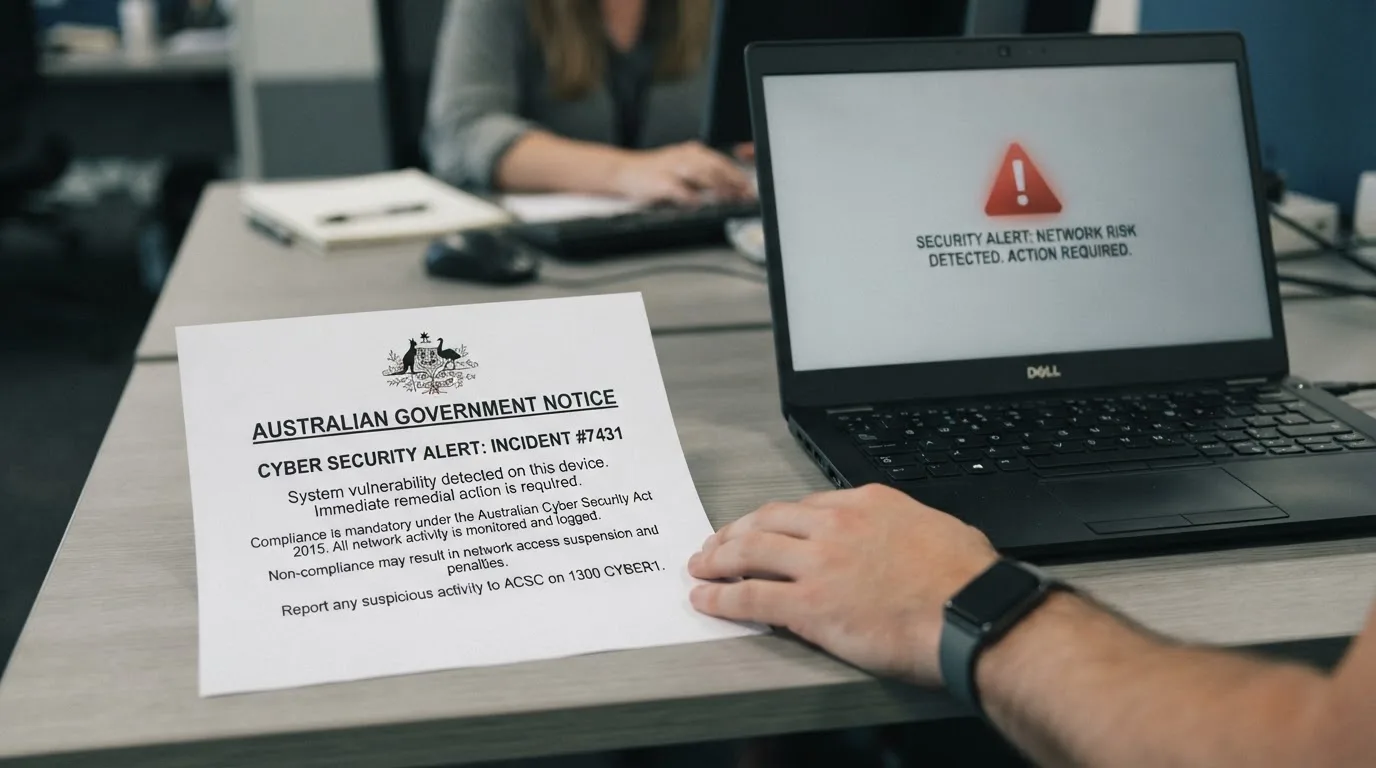 A printed government warning notice on a desk beside a laptop with a red alert icon on the screen.