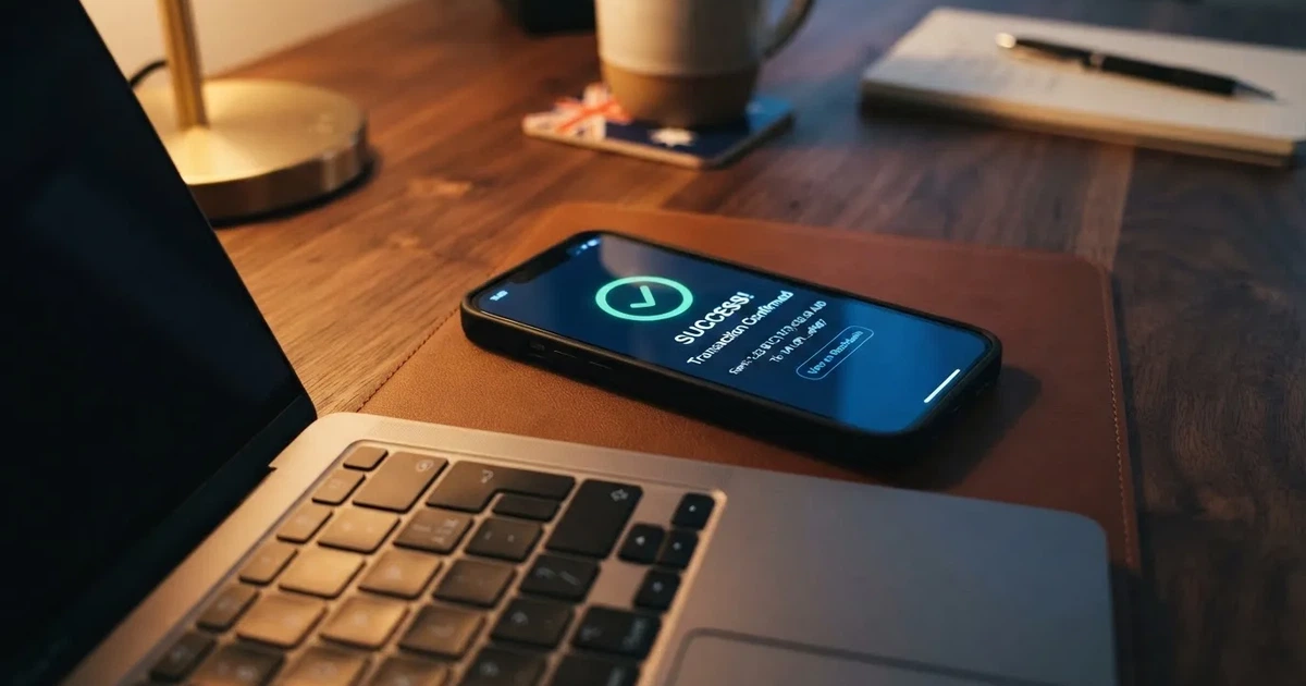 A phone displaying a blockchain transaction confirmation screen next to a laptop keyboard.