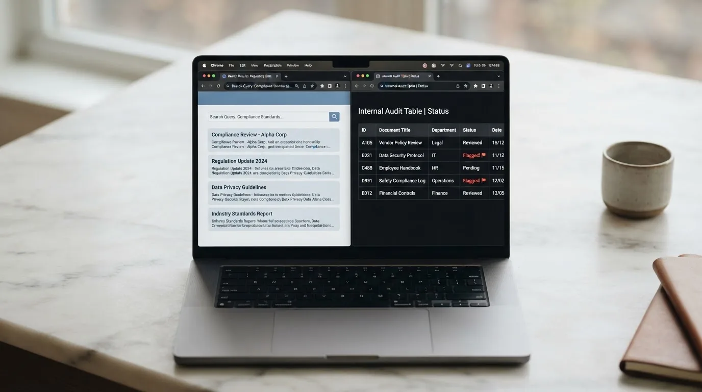 A laptop screen split between two browser tabs, one showing a comparison table and the other a search results page.
