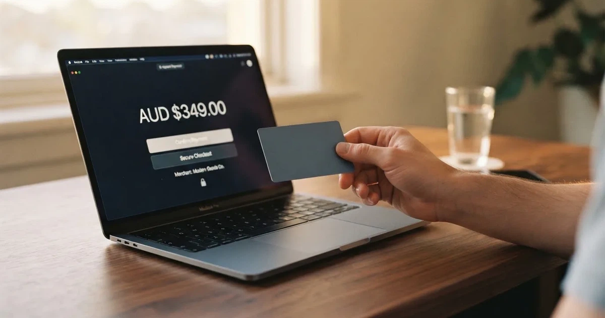 A hand holding a bank card next to a laptop showing an online payment form.