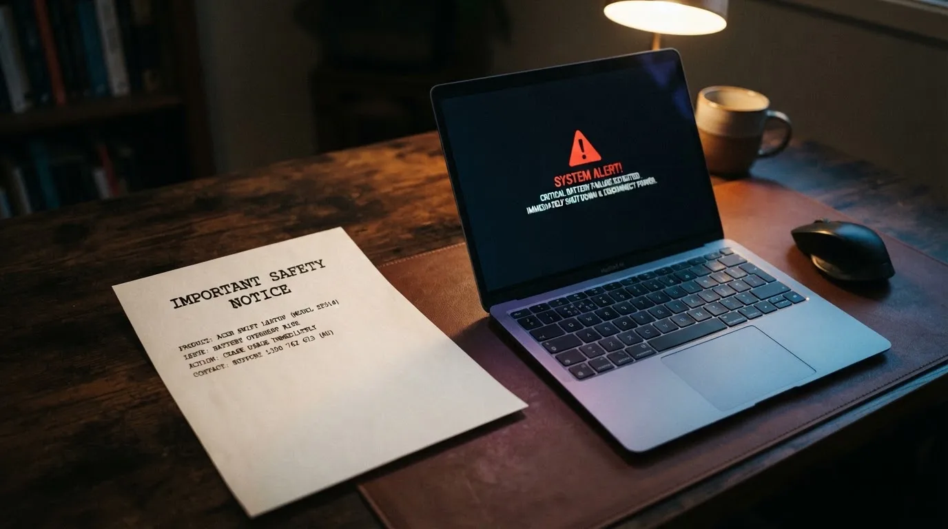 A printed government warning notice on a desk beside a laptop with a red alert icon on the screen.