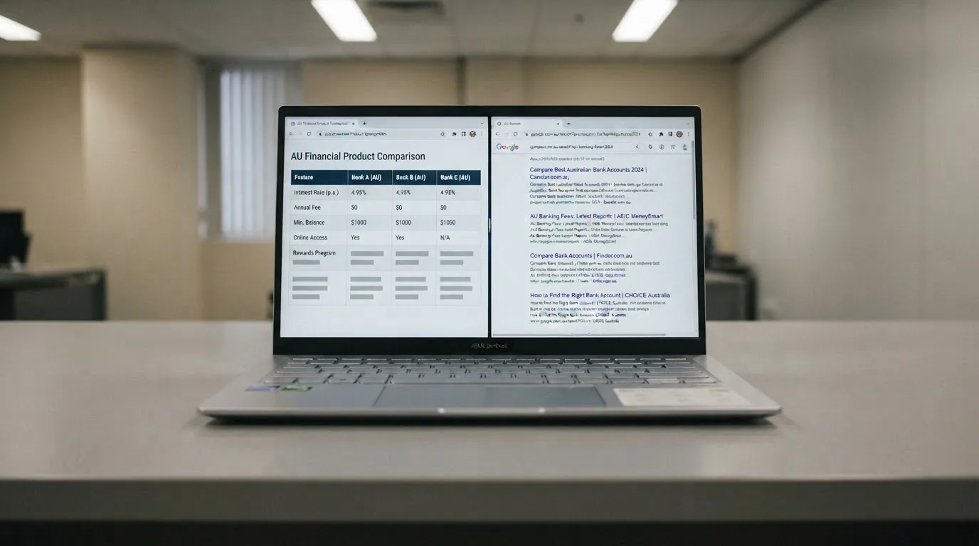 A laptop screen split between two browser tabs, one showing a comparison table and the other a search results page.