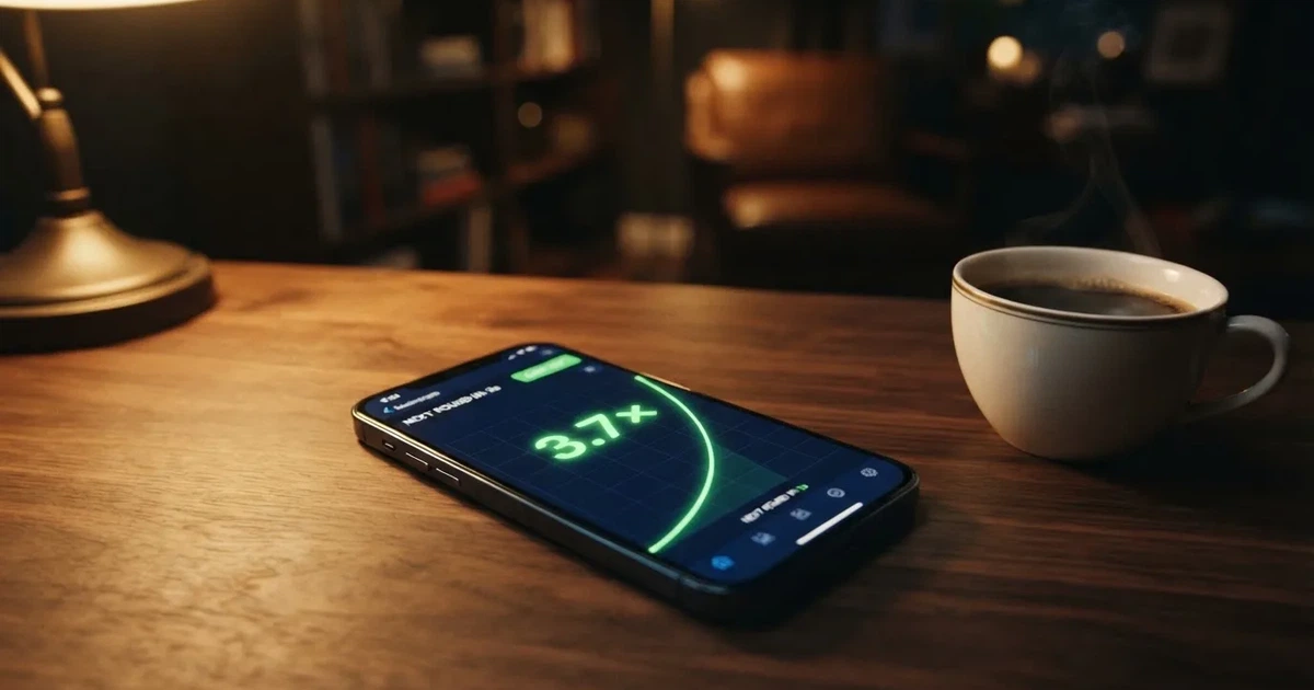 A digital multiplier counter climbing on a phone screen next to a coffee cup.