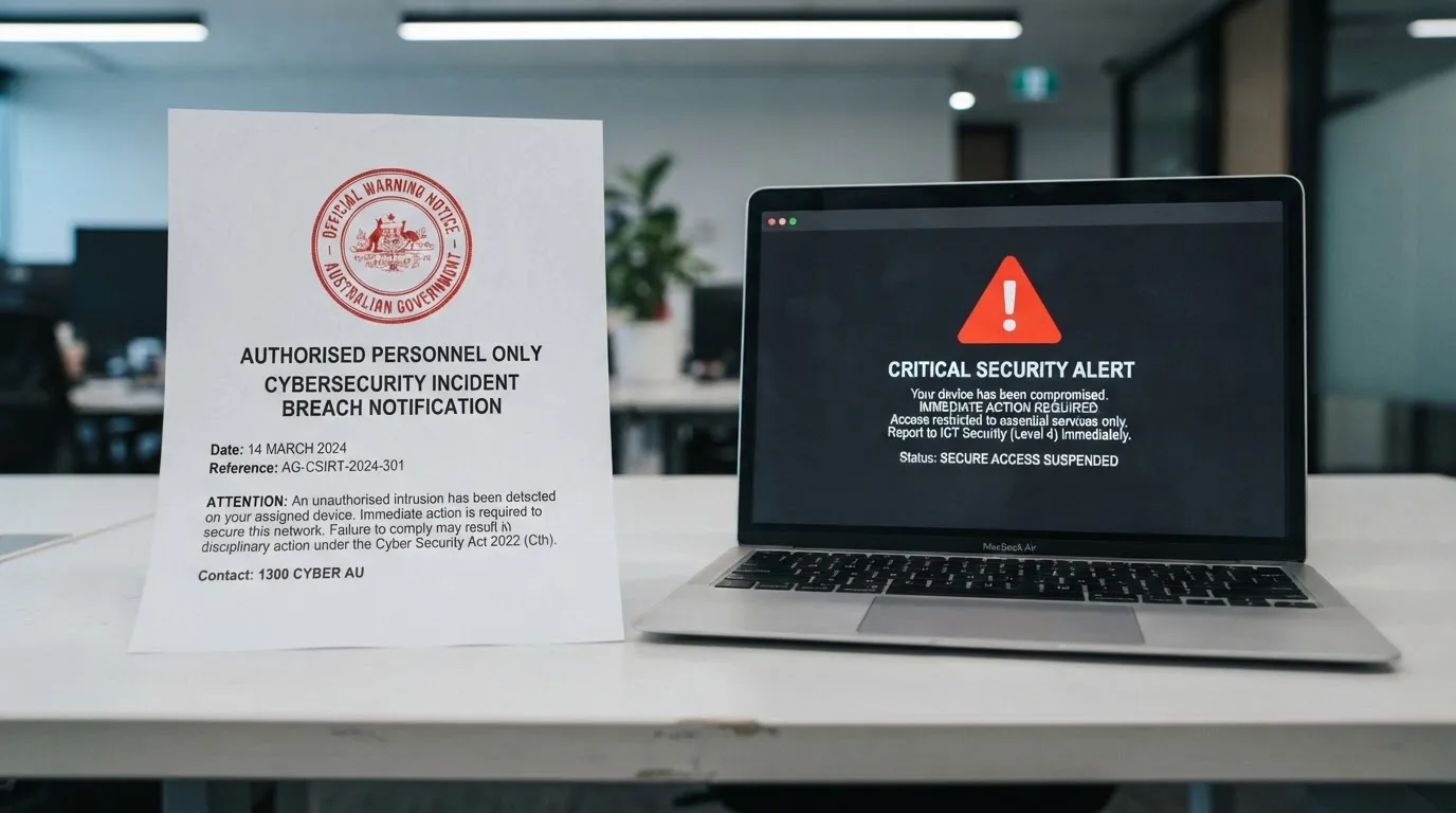 A printed government warning notice on a desk beside a laptop with a red alert icon on the screen.