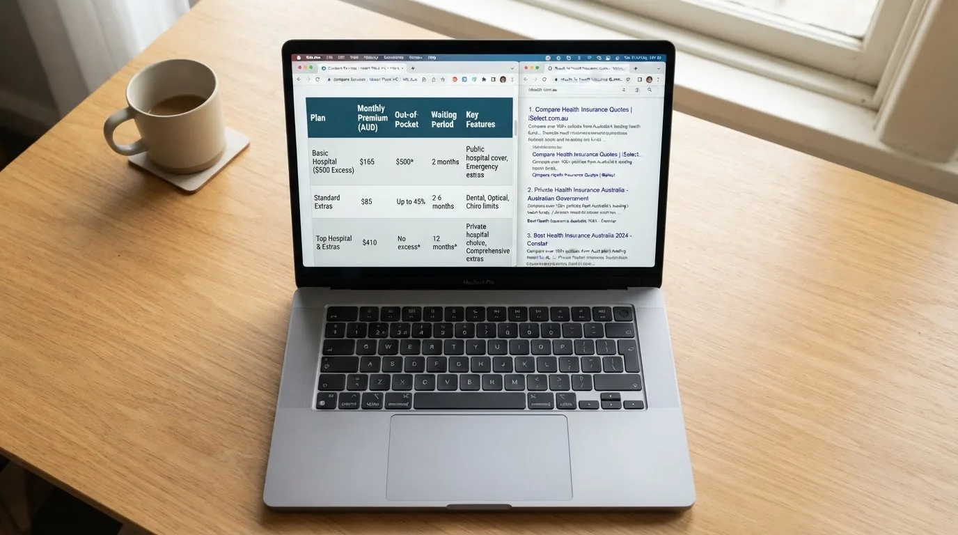A laptop screen split between two browser tabs, one showing a comparison table and the other a search results page.