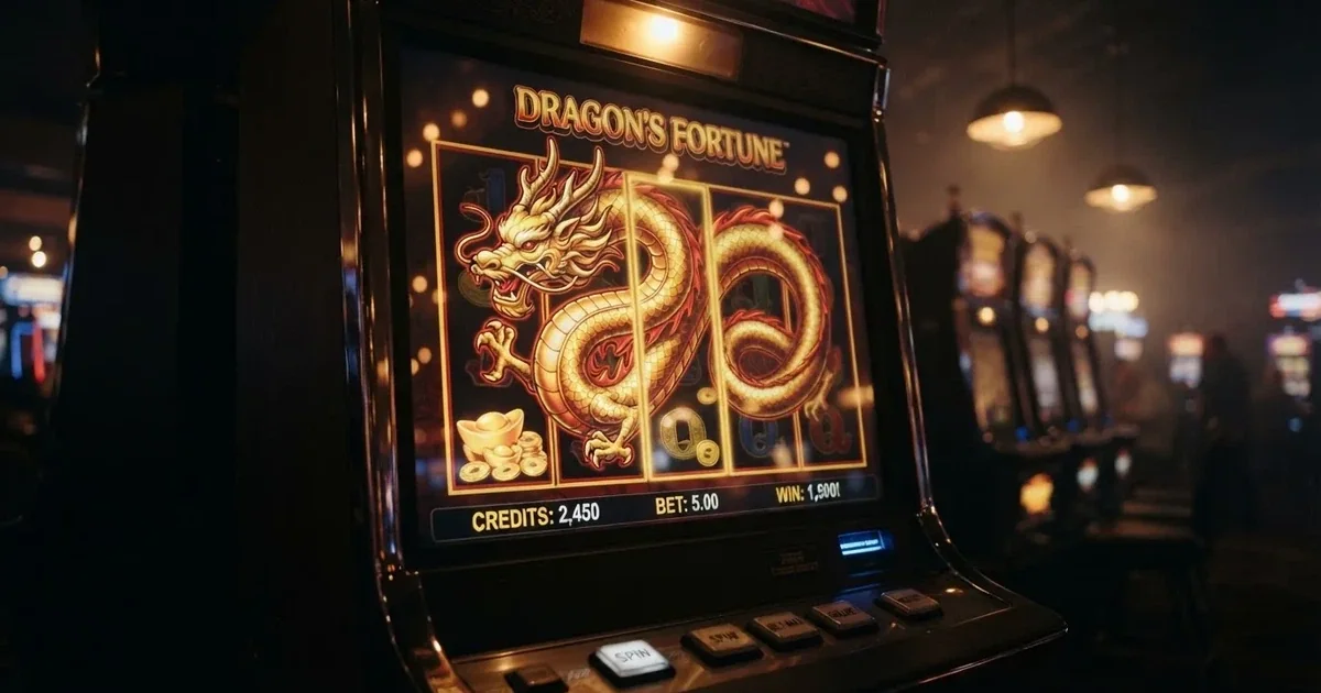A close-up of a slot reel icon showing a stylised dragon motif on a cabinet screen.