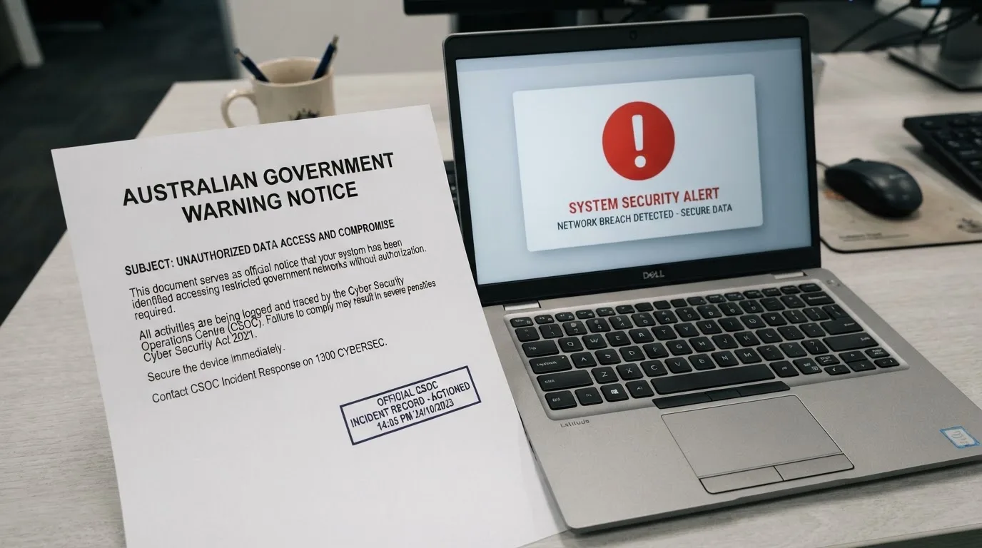 A printed government warning notice on a desk beside a laptop with a red alert icon on the screen.