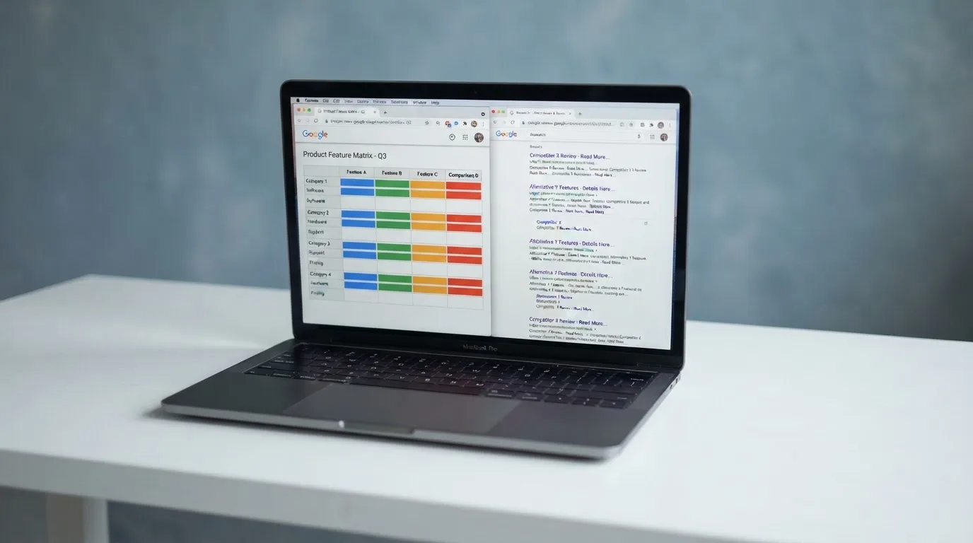 A laptop screen split between two browser tabs, one showing a comparison table and the other a search results page.