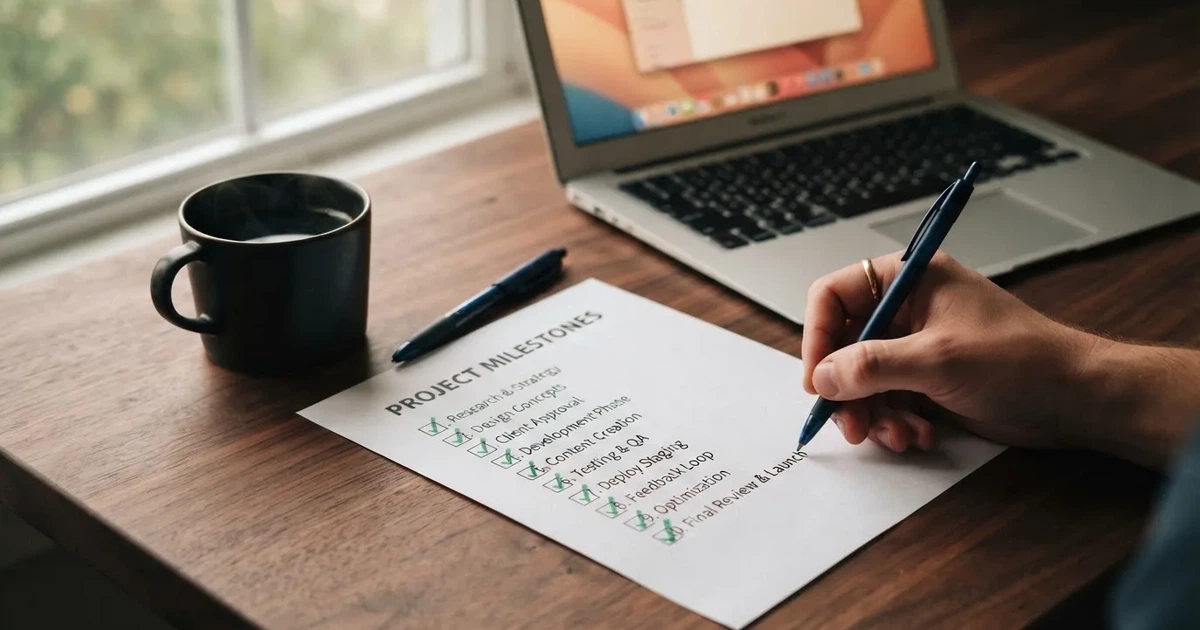 A hand ticking off boxes on a printed checklist next to a laptop.