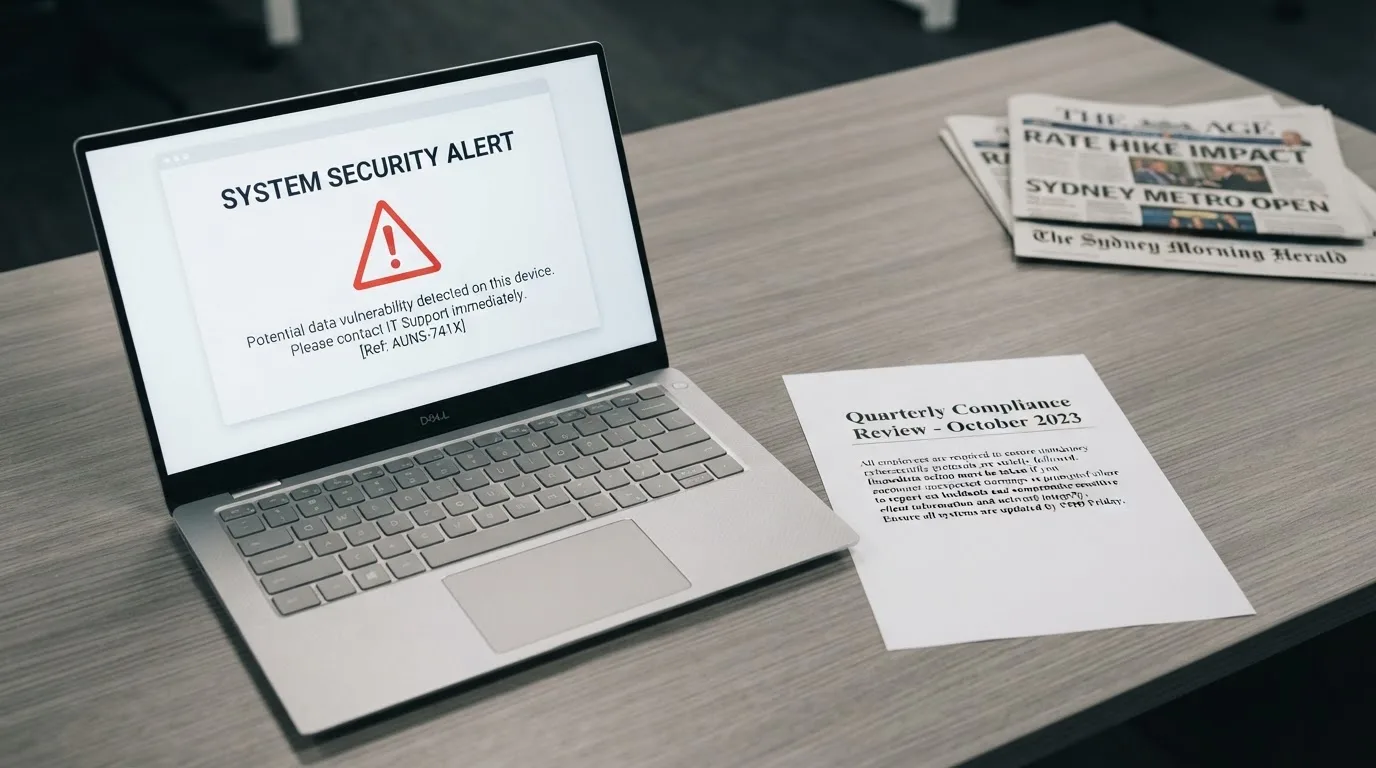 A printed government warning notice on a desk beside a laptop with a red alert icon on the screen.