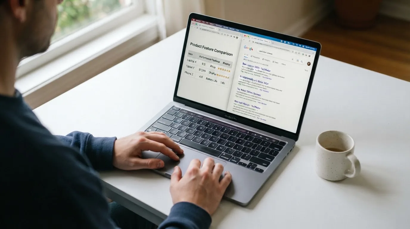 A laptop screen split between two browser tabs, one showing a comparison table and the other a search results page.