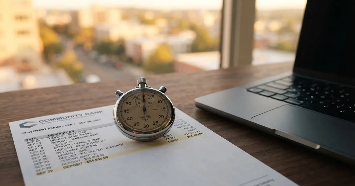 A stopwatch sitting on top of a bank statement next to a laptop keyboard.