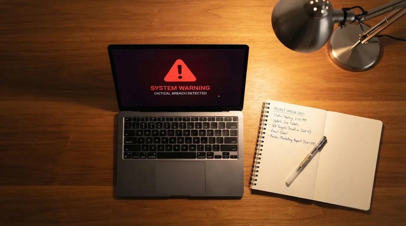 A printed government warning notice on a desk beside a laptop with a red alert icon on the screen.