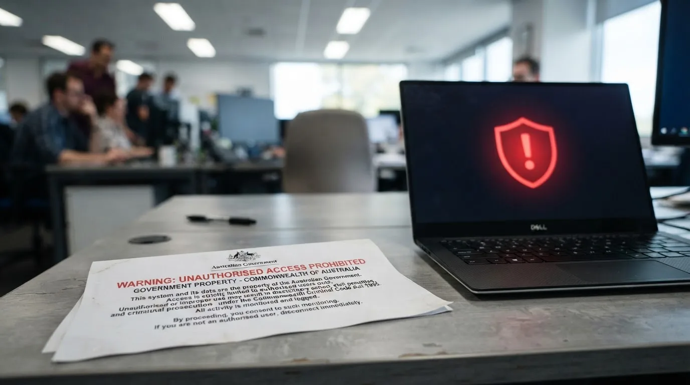 A printed government warning notice on a desk beside a laptop with a red alert icon on the screen.