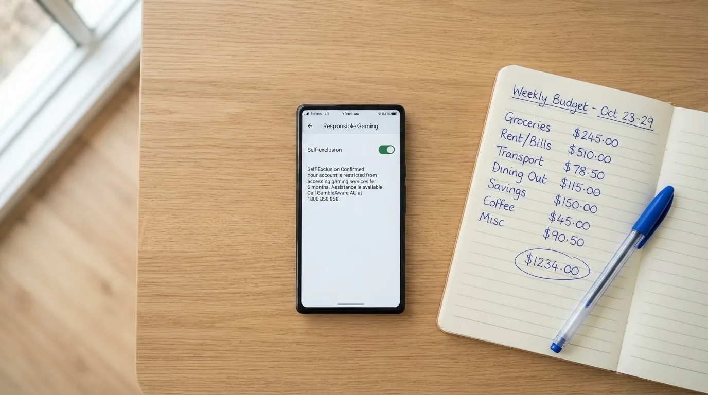 A phone showing a self-exclusion settings screen next to a notepad with a weekly budget written on it.